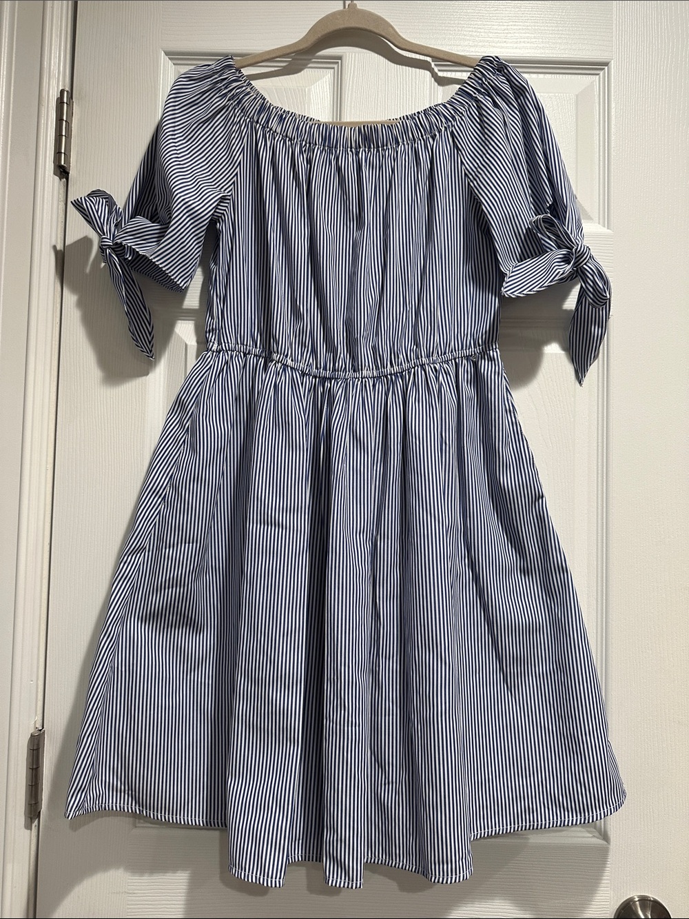 Guess Blue and White Striped Off-Shoulder Tie-Sleeve Dress